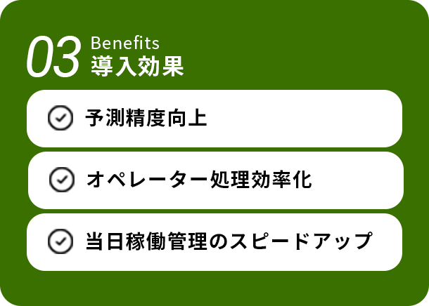 Benefits03 導入効果 予測精度向上 オペレーター処理効率化 当日稼働管理のスピードアップ